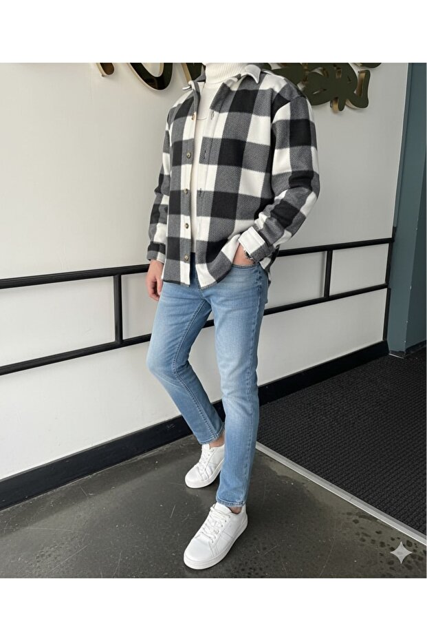 Siyah Oversize Kareli Kalın Kışlık Erkek Polar Gömlek - 3