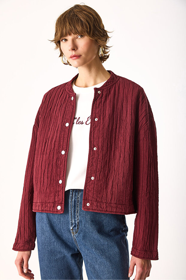 Kapitone Bomber Ceket-Bordo - 8
