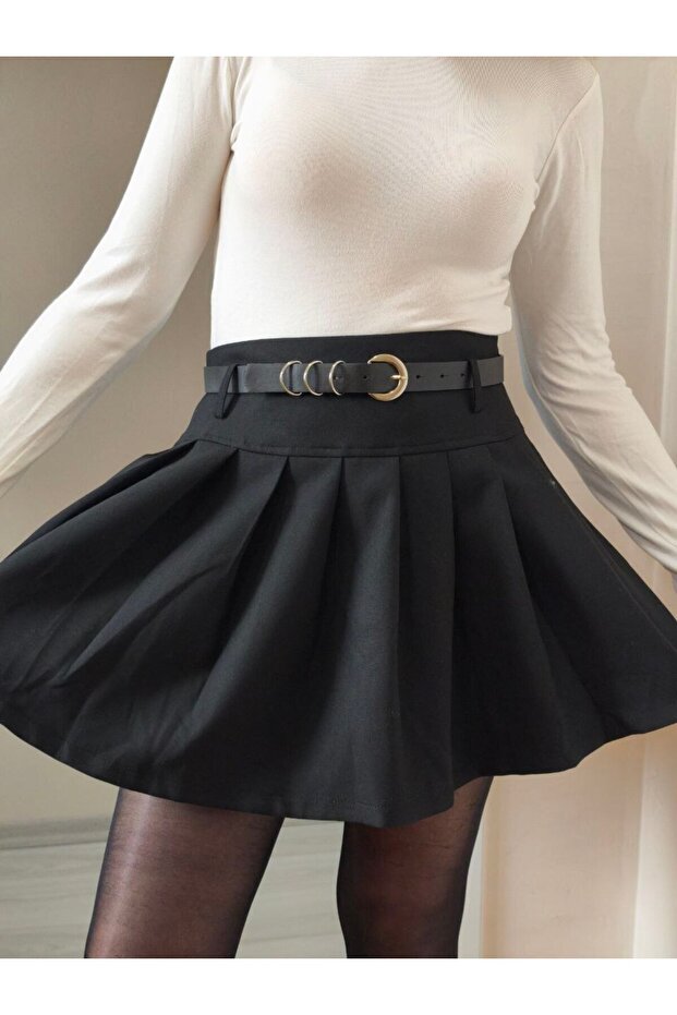 Belted Pleated Skirt with Shorts