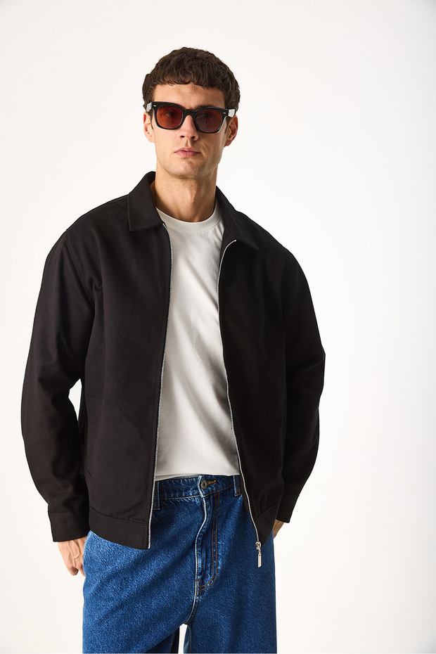 Önü Fermuarlı Regular Fit Kaşe Ceket-Siyah - 5