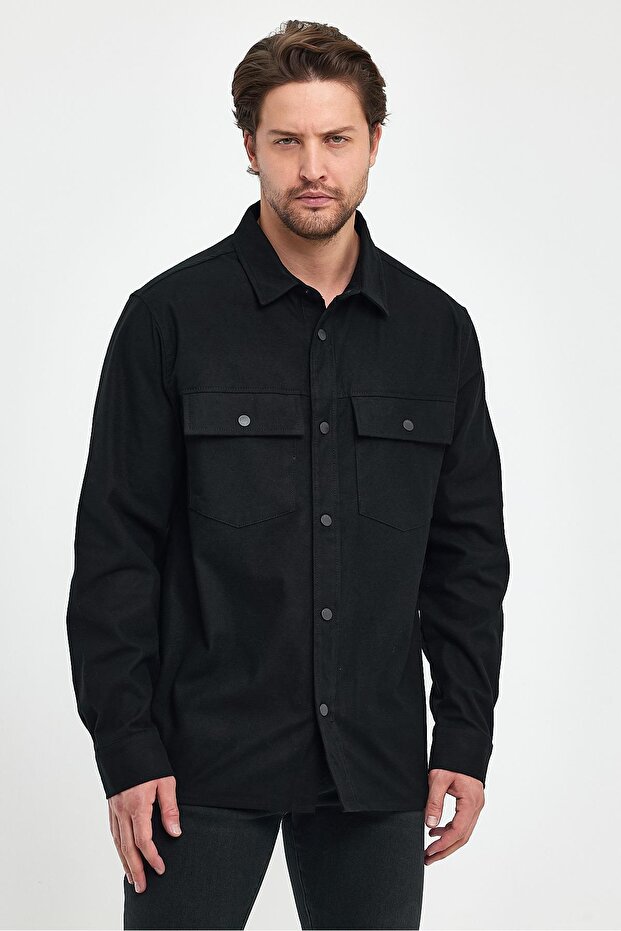 Mark Regular Fit Süet Dış Gömlek - Siyah - 7