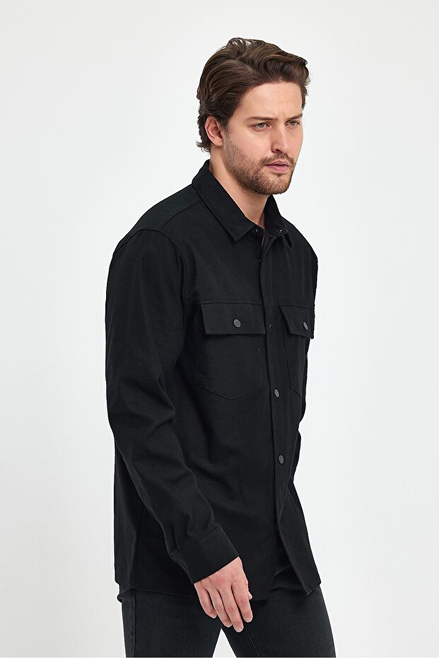 Mark Regular Fit Süet Dış Gömlek - Siyah - 3