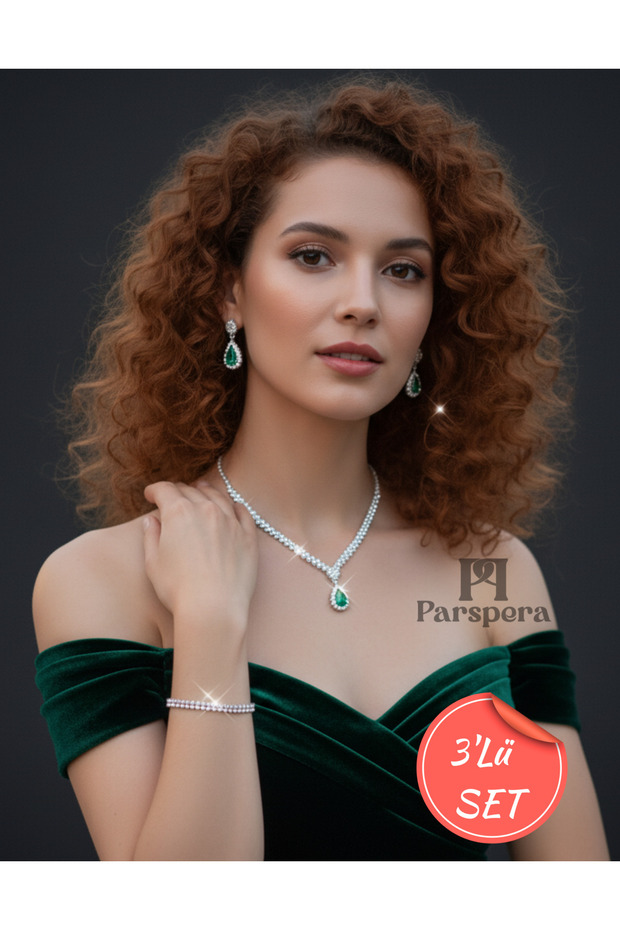 Gümüş Kaplama Zirkon Derin Şık Damla Taşlı Kolye, Küpe Ve Bileklik Seti 3'lü Set Davet Düğün Nişan - 1