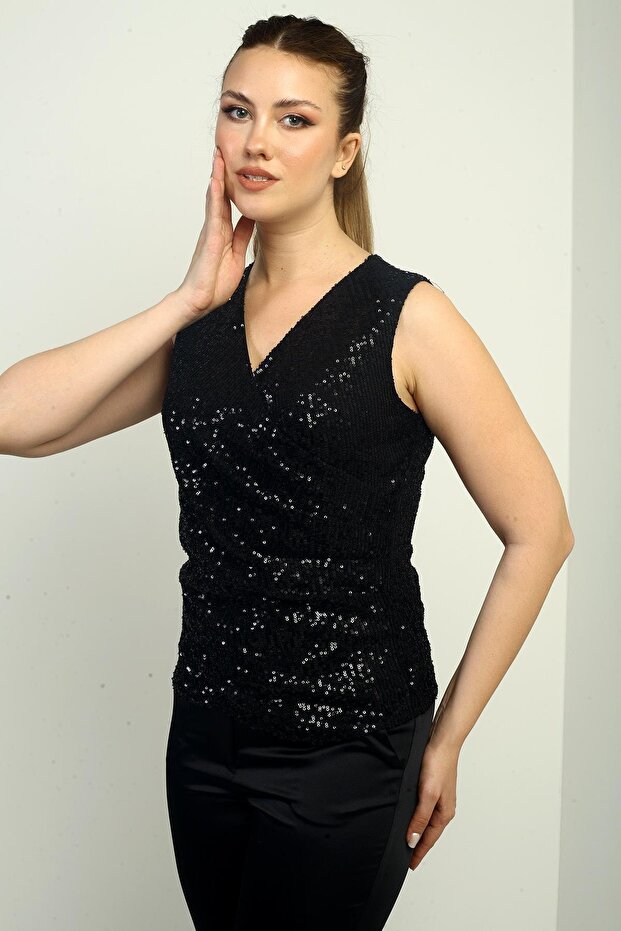 Women's Double Breasted Collar Front Draped Sleeveless Lined Pulpayet Blouse