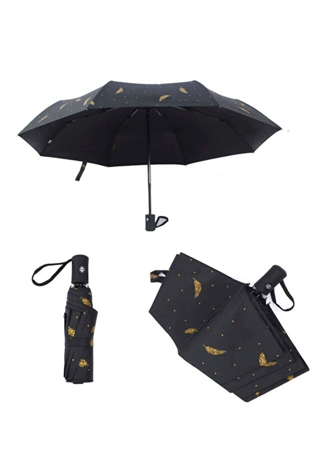 Automatic Feather Print Umbrella Black