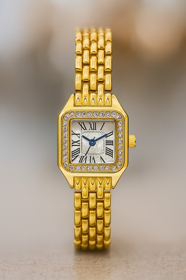 Gold Vintage Model Zircon Stone Steel Analog Wristwatch