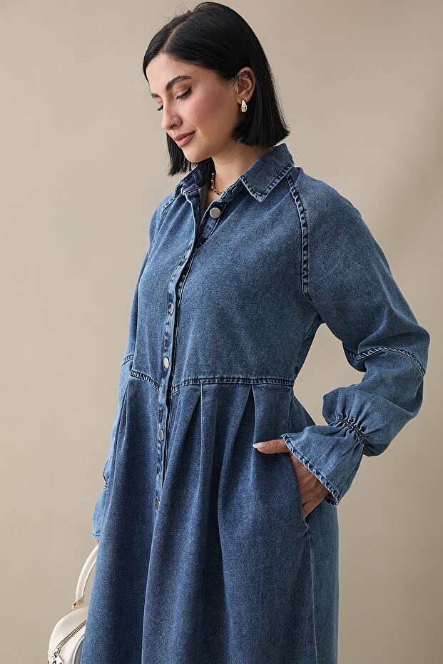 Kol Ucu Fırfırlı Kot Elbise - 2