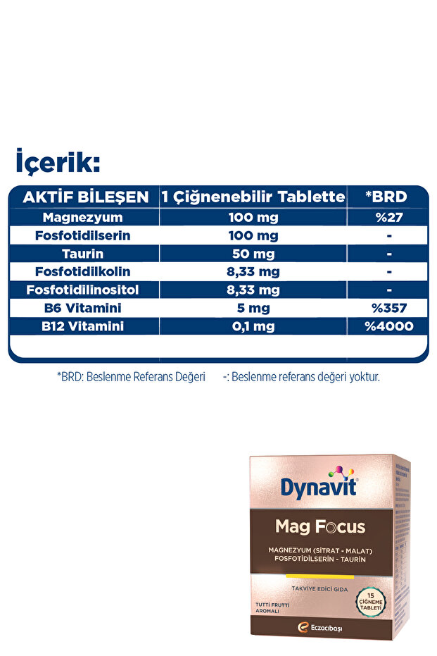 Mag Focus 15 Çiğneme Tab - Magnezyum Malat & Sitrat, Fosfotidilserin, B6 & B12 Vitamini - Odaklanma - 6