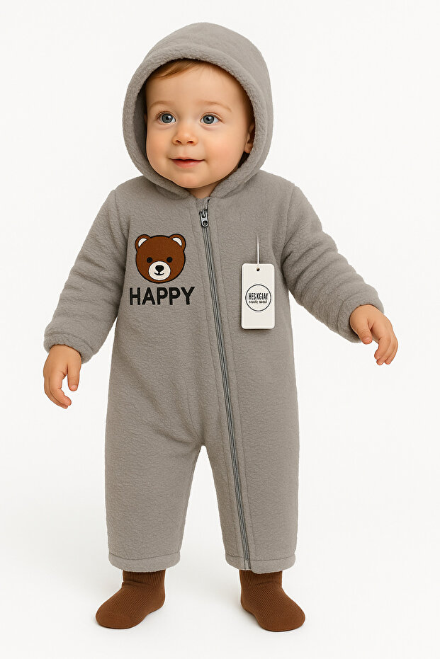Gray Hooded Zippered Plush Baby Romper – Soft Wellsoft Fabric, Winter Warm Romper”