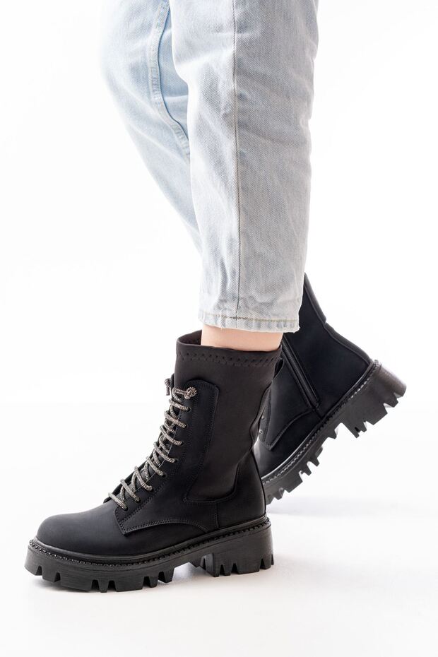 868-2006 Black Emerald Flat Heeled Lace up Zippered Daily Women's Boots