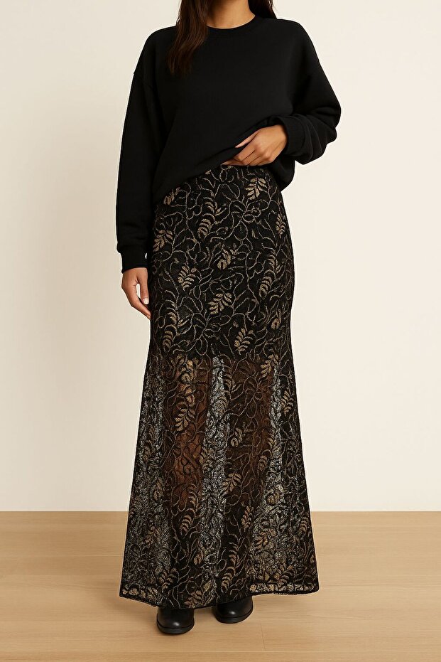 Retro dantel maxi etek - 1