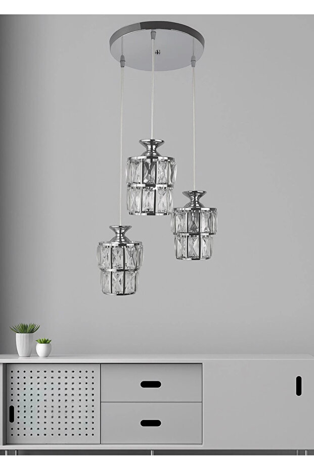 Astra 3'lü Krom Kaplama Kristal Taşlı Lüks Avize - 3