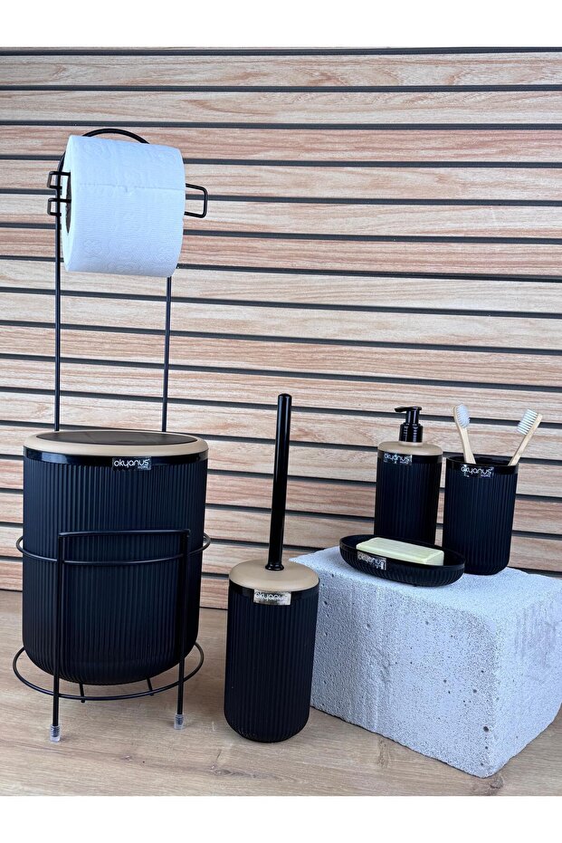 Μαύρη στρογγυλή Mina Due Stand Χαρτοθήκη WC και Σετ Μπάνιου 6 τεμαχίων - 2