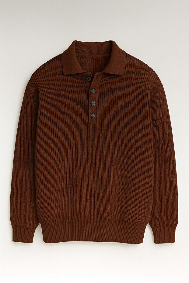 Oversize Thessaloniki Knitted 4 Button Half Placket Comfortable Fit Men's Knitwear Sweater - Brown