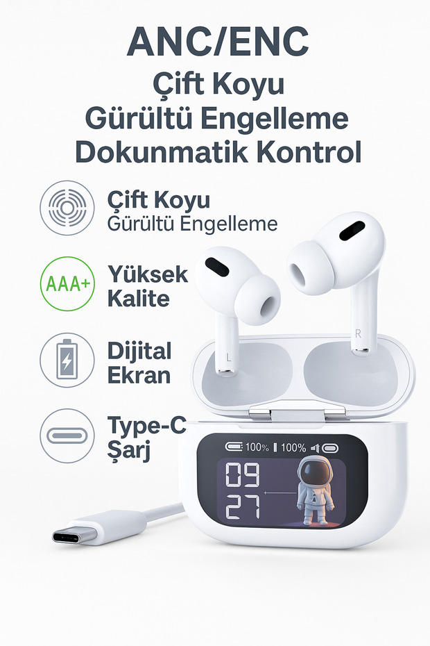 Akıllı Ekranlı Bluetooth Kulaklık | ANC/ENC | H2 Chip | Type-C Şarj | Dokunmatik Kontrol - 2