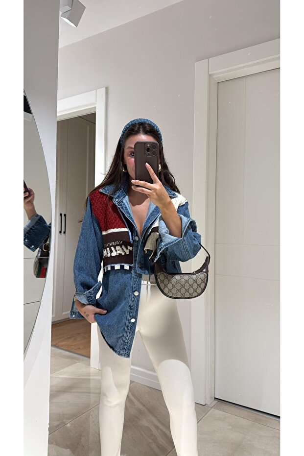 Triko Detaylı Denim Gömlek - 2