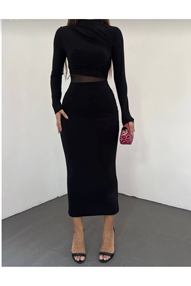Siyah Midi Elbise - 2