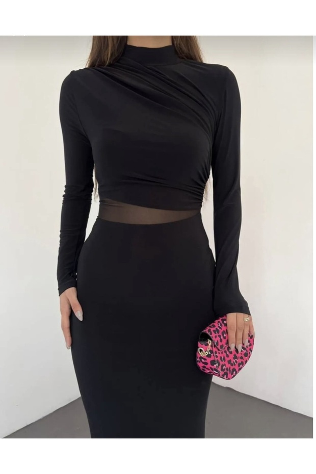 Siyah Midi Elbise - 1