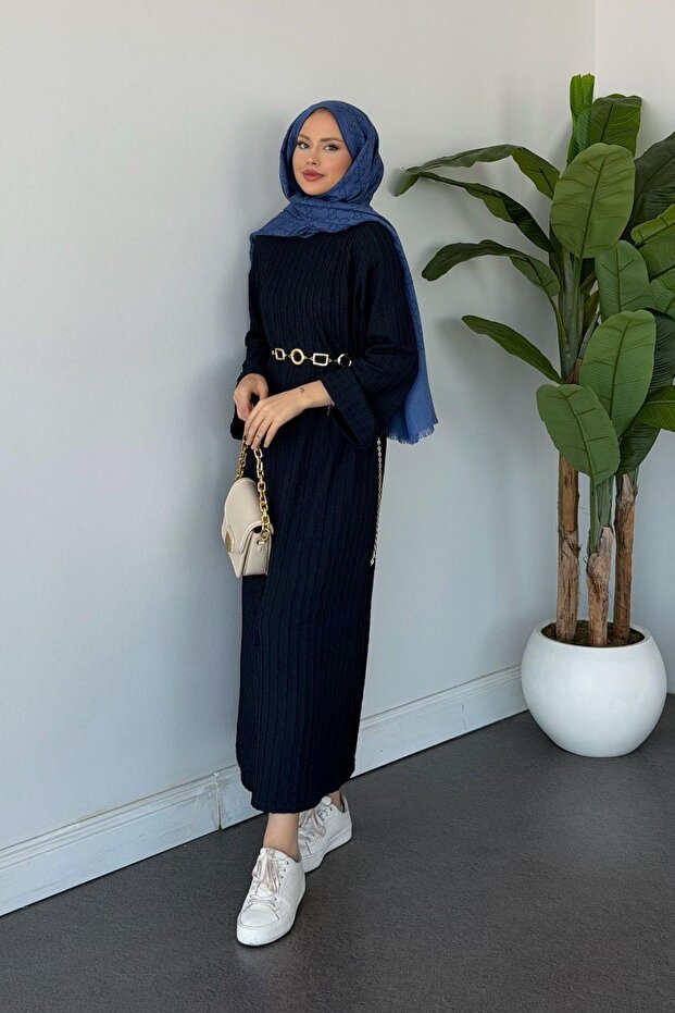 Gül Örme Elbise Lacivert - 1