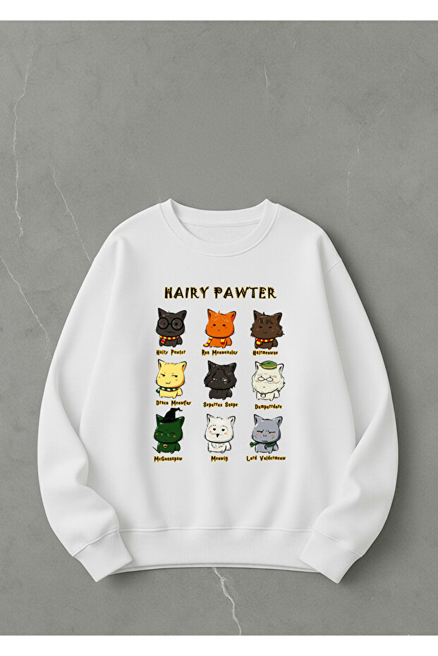 سويت شيرت قطني كبير الحجم للجنسين برقبة دائرية – طباعة HAIRY PAWTER