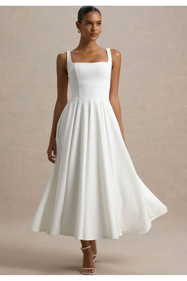 Beyaz midi boy elbise - 1