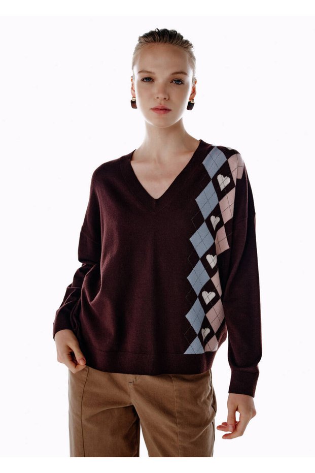 Heart Intersia Pattern Knitwear Dark Brown