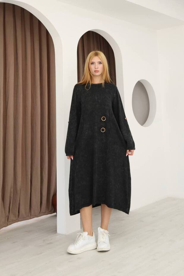 Women's Black Buckle Detailed Long Sleeve Vintage Loose Cotton Knit Dress