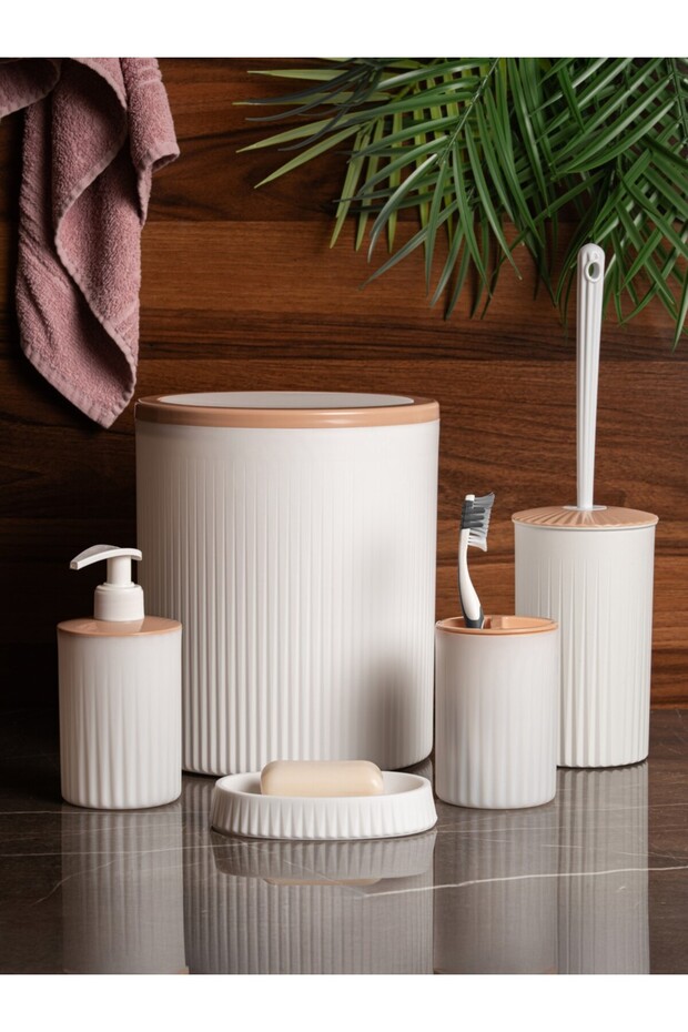 5-Piece Bathroom Set – Modern Covered Trash Can, Toothbrush Holder, 2 Soap Dispensers & Toilet Brush