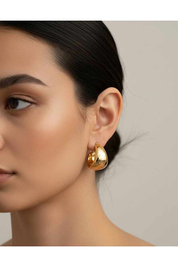 Gold Kalın Halka Minimalist Küpe-1 Çift - 3