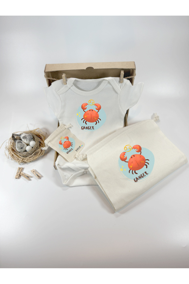 Cancer Zodiac Design 100% Cotton Short Sleeve Baby Bodysuit and Raw Pouch Gift Set