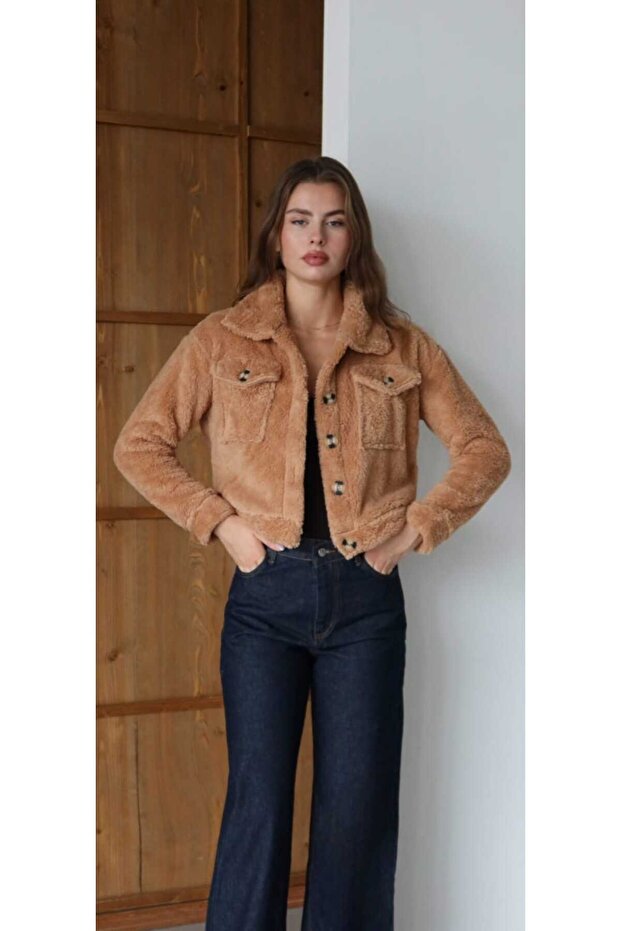 Trend Welsoft Fabric Crop Pocketed Buttoned Plush Jacket Women