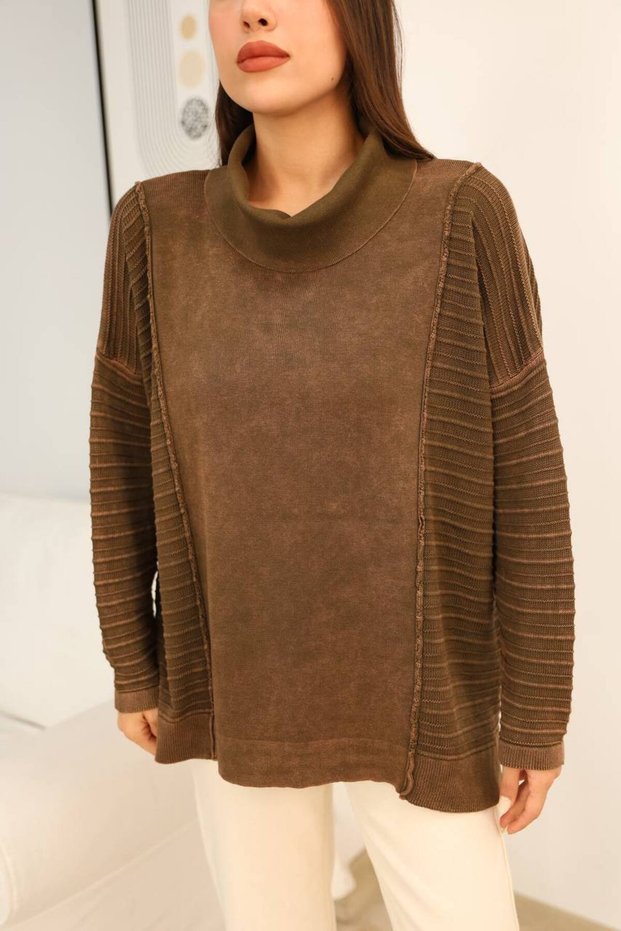 Women's Brown Turtleneck Vintage Detailed Loose Oversized Cotton Knit Blouse Sweater
