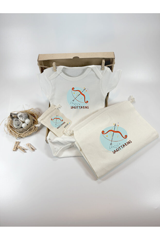 Sagittarius Design 100% Cotton Short Sleeve Baby Bodysuit and Raw Pouch Gift Set