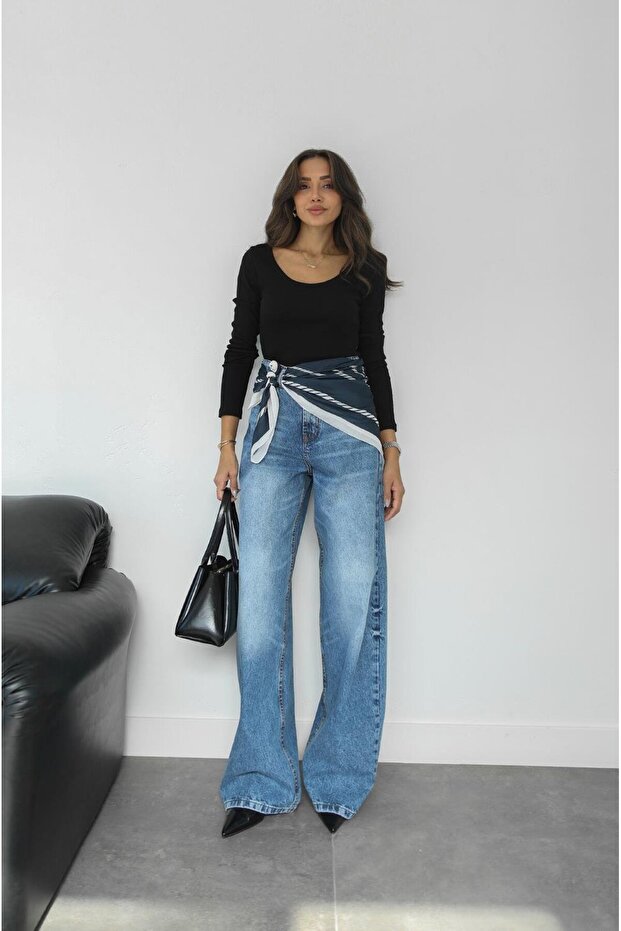 Wide Leg Jeans with Blue Scarf