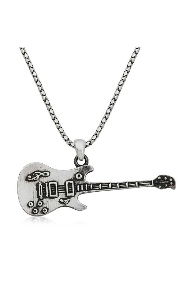 .Silver Electric Guitar Men's Necklace