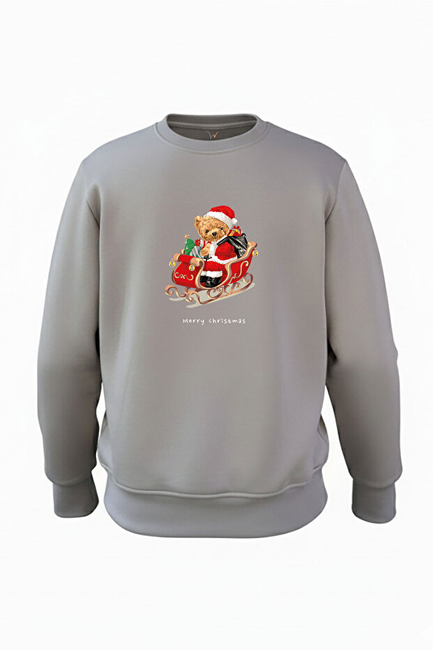 New Year Christmas Merry Christmas Cute Teddy Bear Printed Regular Fit 3 Thread Raised 100% Cotton Sweatshirt