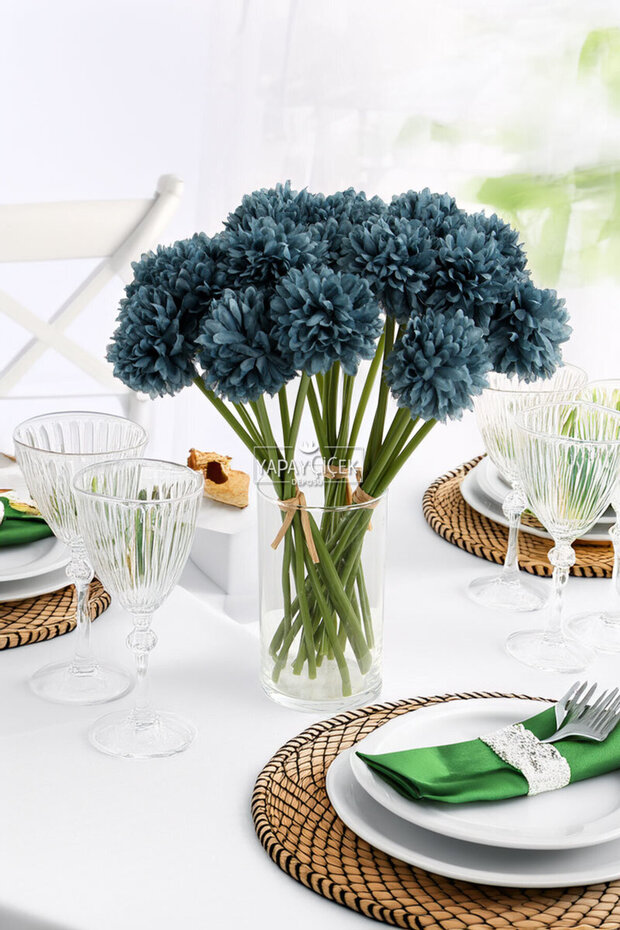 Artificial Flower Ball Chrysanthemum 7-Piece Mini Snowball Bundle 30 cm Petrol Blue