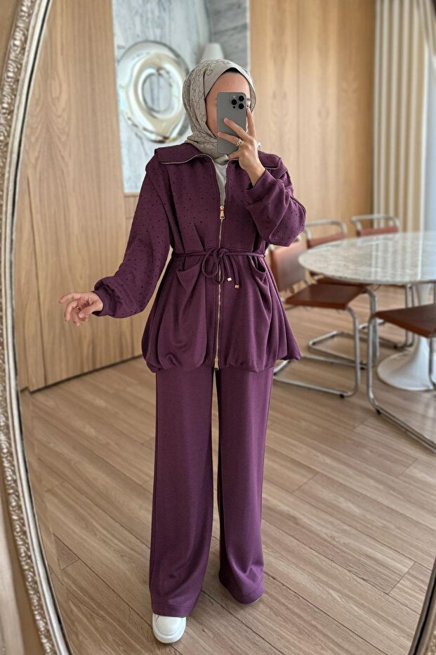 Balon Form Taşlı Modal Takım - Mürdüm - 2