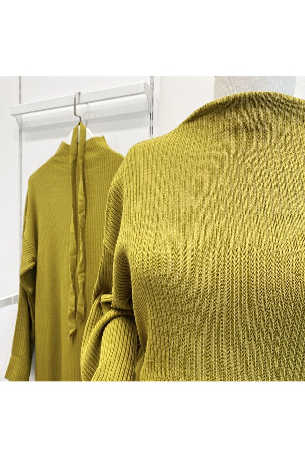 Yağ Yeşili Basic Triko Elbise - 4