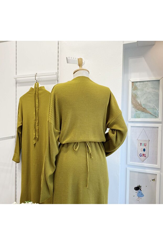 Yağ Yeşili Basic Triko Elbise - 2