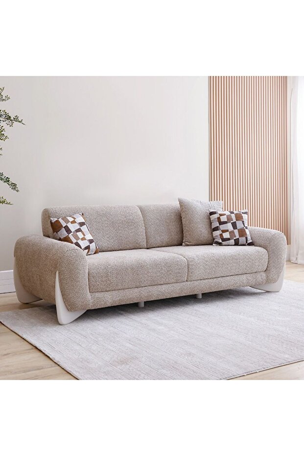 Vesta 3 Seater Fabric Sofa - Light Grey, Stylish & Comfortable, Wood & Metal Frame, Turkey