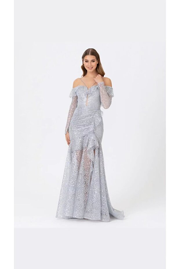 Lace off shoulder evening dress
