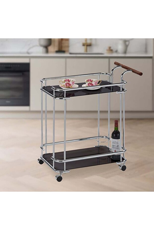 Huskar Tempered Glass Serving Trolley with Bottle Holders - Chrome/Black, Stylish & Functional