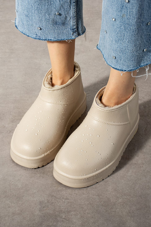Women's Beige Eva Waterproof Fur Lined Daily Boots Thick Sole Ankle Warm Comfortable Stylish Bootie