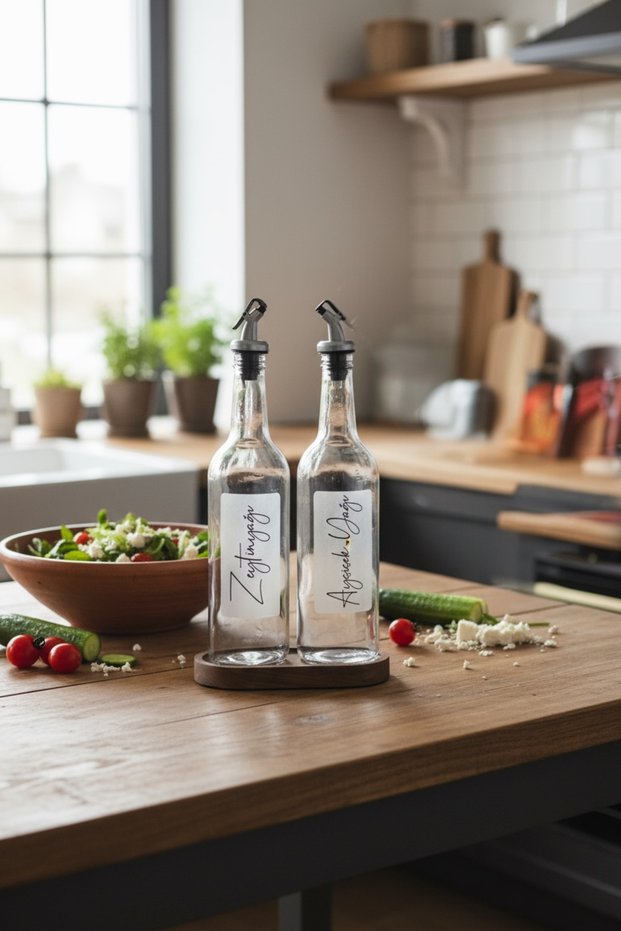 2-Piece Olive Oil and Sunflower Oil Bottle with Wooden Stand Transparent Oil Pot Oil Dispenser 750 ml (Silver)