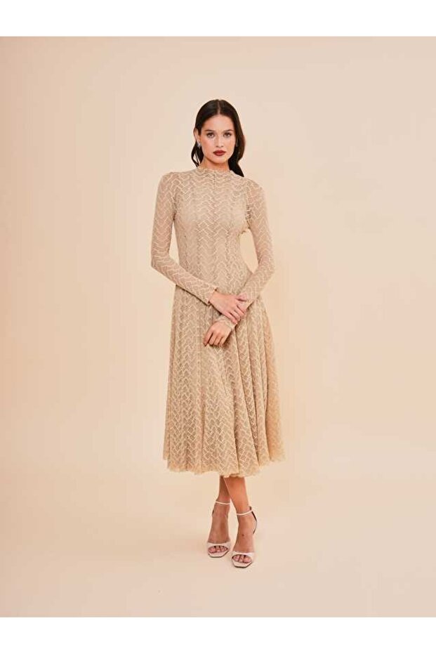 Zarif Dantel Detaylı Uzun Kollu Midi Elbise 51210 - 1