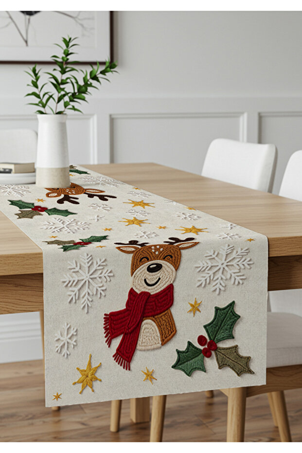 Christmas Themed Embroidery-Looking Deer Patterned Cream Runner Tablecloth - Digital Printed