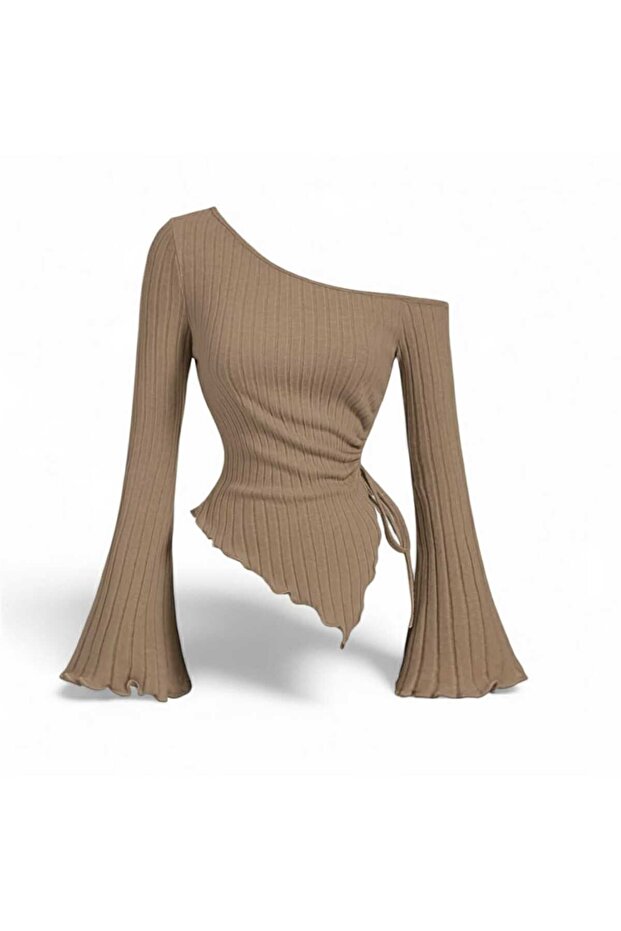 Women's Light Brown Thick Ribbed Asymmetrical Neck Side Gathered Blouse
