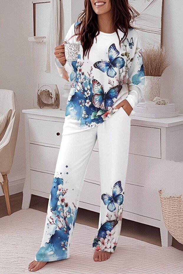 طقم مكون من قطعتين من قماش سوبرم بنمط الفراشة - أبيض - 1