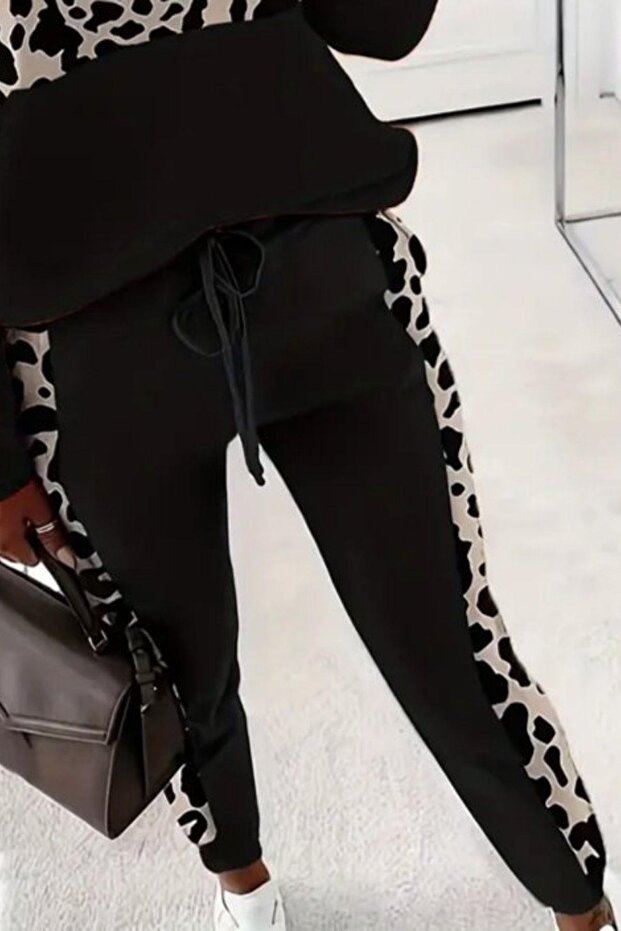 Viscose Two Thread Blouse and Trousers Two-Piece Set with Pattern Stripe on the Front and Zipper - Black - 3